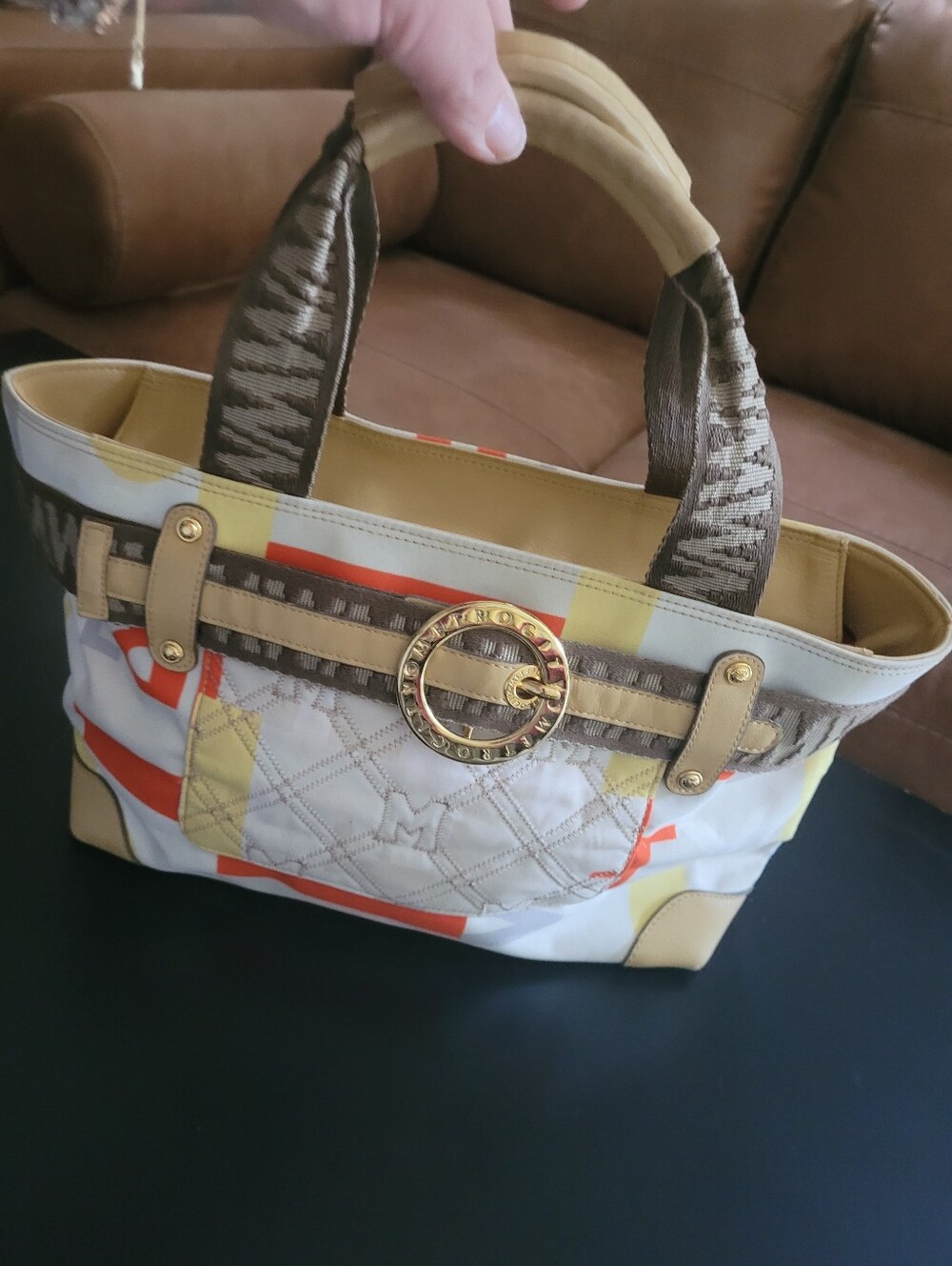 Metrocity Fabric Tote Bag in Beige and Brown